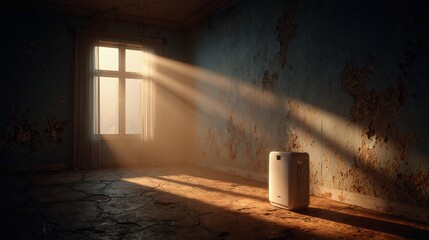 Efficient dehumidifier in sunlit room with damp walls highlighting moisture control for improved indoor air quality
