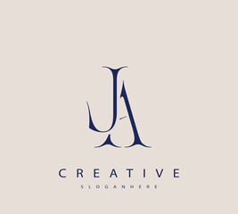 Sophisticated and stylish letter logo design featuring the combination of the letters J and A in dark blue color scheme perfect for branding stationery website headers or social media graphics