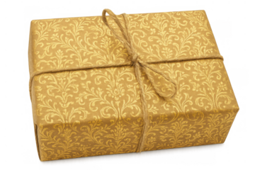Wrapped gift box with gold damask pattern and twine ribbon representing celebration, surprise, and holidays on transparent background