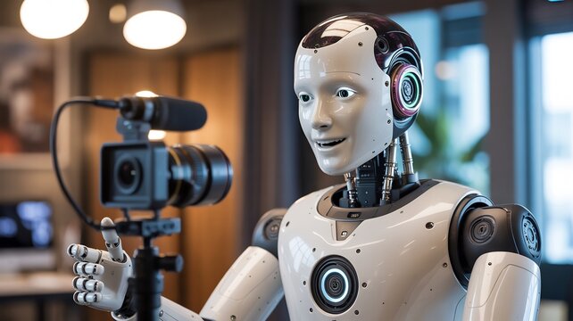 Robot holding a video camera futuristic technology content creation concept for social media and online video platforms