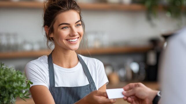 Smiling young woman with long hair wearing an apron is handing a business card to a customer in a cozy cafe setting, showcasing friendly customer service and engagement