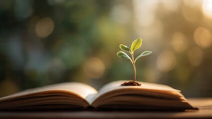 A book with a small plant growing out of it, symbolizing growth, knowledge, and learning. The plant is fresh and green, and the book's pages are open and inviting.