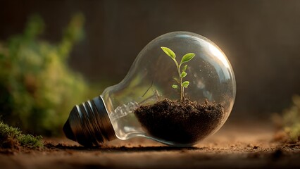 A green seedling growing inside of a light bulb, symbolizing sustainable energy. The bulb sits on the ground with moss around