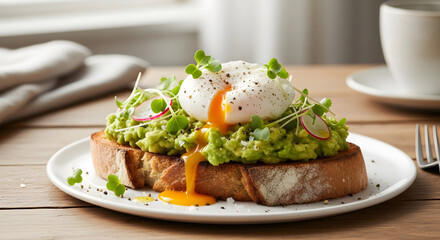 Hearty Avocado Toast Topped with Poached Egg and Microgreens. 
