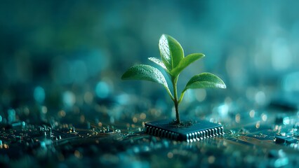 A small plant sprout growing from a computer microchip. It symbolizes the fusion of nature and technology