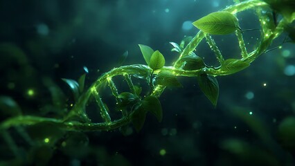 A beautifully rendered image of a DNA helix intertwined with green leaves, symbolizing the connection between nature and science
