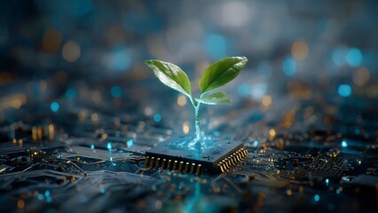 The image captures a vibrant green plant sprouting from a computer microchip, symbolizing growth and technological advancement. This thought-provoking scene merges technology with nature.