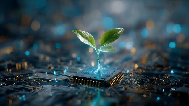 The image captures a vibrant green plant sprouting from a computer microchip, symbolizing growth and technological advancement. This thought-provoking scene merges technology with nature. - Powered by Adobe