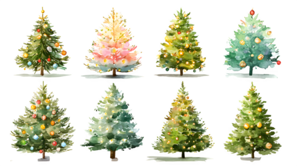 Artistic set of Christmas tree illustrations with colorful decorations and sparkling lights isolated on white background