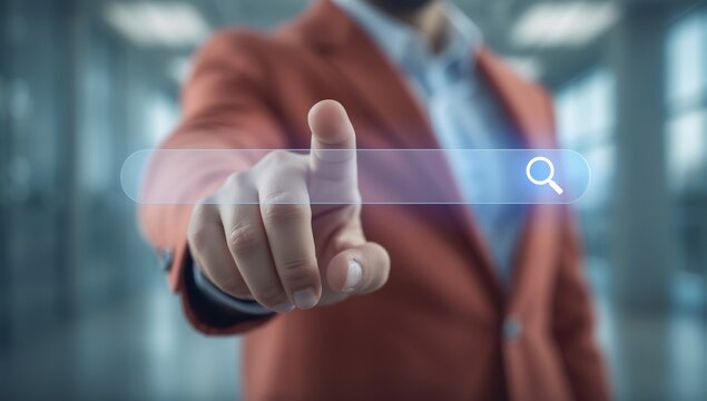 Man in suit touching search bar business concept for online search information retrieval and data analysis