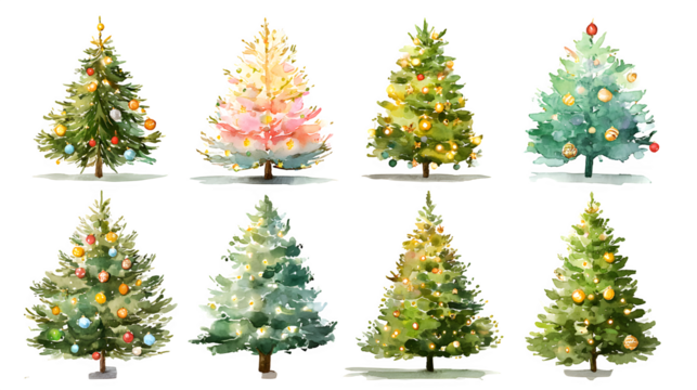 Artistic set of Christmas tree illustrations with colorful decorations and sparkling lights isolated on white background