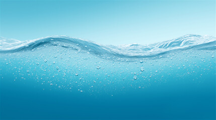 Clear water wave with bubbles in blue background, symbolizing freshness, purity, and nature concept with copy space.