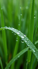 Dew drops on green grass blades in the morning water droplets nature