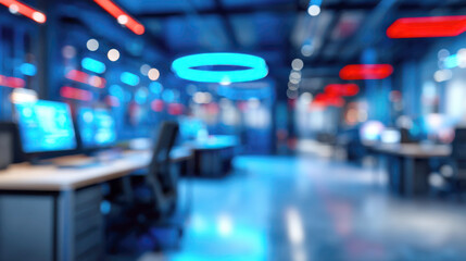 Obraz premium Blurry interior of a modern tech office featuring a futuristic environment with long desks, computers, and abstract red and glowing blue lighting creating a technological background
