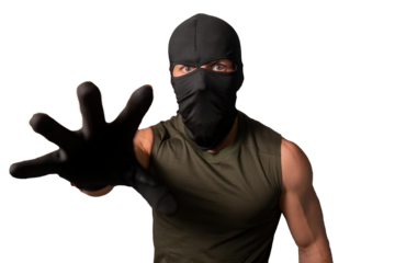 Thief wearing a balaclava mask and glove reaching out, representing crime, threat, and robbery