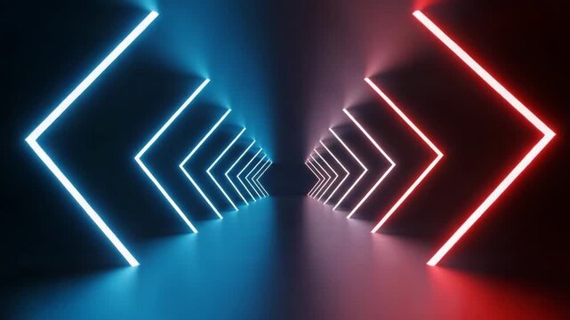Abstract tunnel with red and blue neon lights pointing inward motion animated video