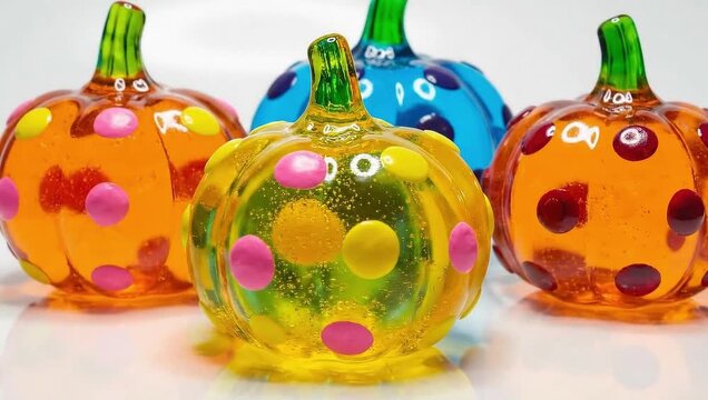 Polka dot glass pumpkins shimmering in bright studio light