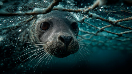 Seal underwater trapped in fishing net, struggling to escape. A dramatic image highlighting marine pollution and the urgent need to protect ocean wildlife.
