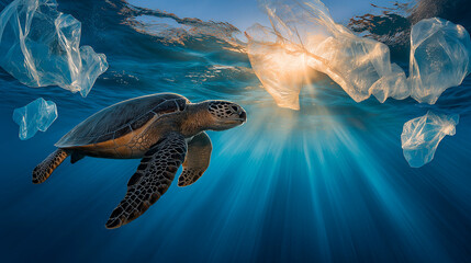 Sea turtle swimming through sunlight and floating plastic bags, representing ocean pollution and the fragile balance between marine life and human impact.