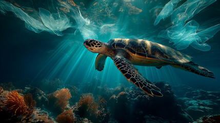 Sea turtle swimming through sunlit ocean surrounded by plastic waste, representing the threat of pollution to marine life and the urgent need for environmental protection.