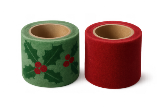 Christmas felt fabric rolls, green holly and red material, decorating holiday crafts and diy projects, transparent background