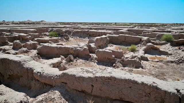 Panning shot of the Gonur Depe ruins near Mary, Turkmenistan
