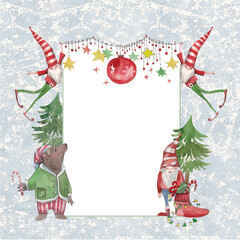 christmas greeting card with gnome, bear and christmas tree, family photo frame