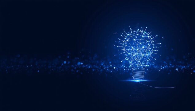 Glowing light bulb with network connections representing innovation and creative ideas on a dark blue background