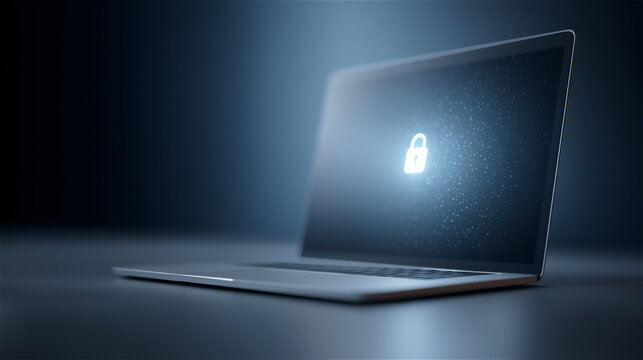Laptop with glowing lock symbol on screen in dark room, concept of online security, privacy and data protection.