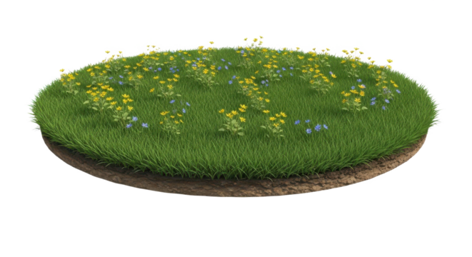 Floating Grass Island with Wildflowers isolated on white background PNG