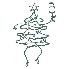 Dancing Christmas Tree. Line Art Illustration.