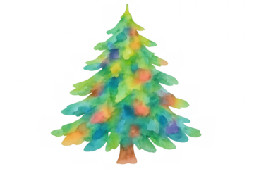 Watercolor christmas tree illustration featuring festive colorful lights against a transparent background, celebrating winter holidays