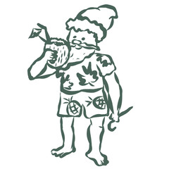 Santa Claus with Coconut. Line Art Illustration.