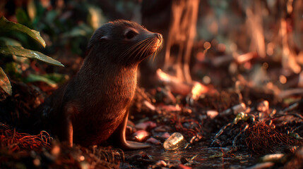 Young seal surrounded by plastic waste on polluted shore, symbolizing the environmental crisis and the urgent need to protect wildlife from human pollution.