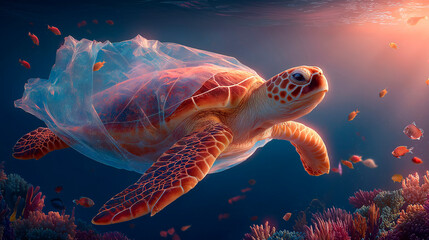 Sea turtle swimming gracefully through coral reef while wrapped in plastic, symbolizing the destructive impact of ocean pollution and the urgent call for marine conservation.