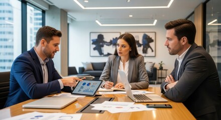 Business team meeting to discuss strategy. Manager presenting data analysis with charts and graphs on a tablet. Corporate professionals collaborating on a project in a modern office.