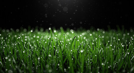 Fresh green grass with water droplets on a dark background dew 