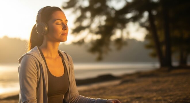 Woman with headphones meditates in nature at sunrise. Concept of mindfulness, mental health, wellness, and stress relief. Listening to calming music for yoga and relaxation.