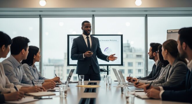 African American business leader giving a presentation in a modern office. Diverse team at a conference table during a strategic innovation workshop. Corporate training concept.