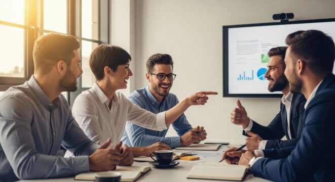 Business team having a positive and productive meeting in the office. Happy colleagues laughing and discussing a project. Concept of successful teamwork, collaboration, and brainstorming.