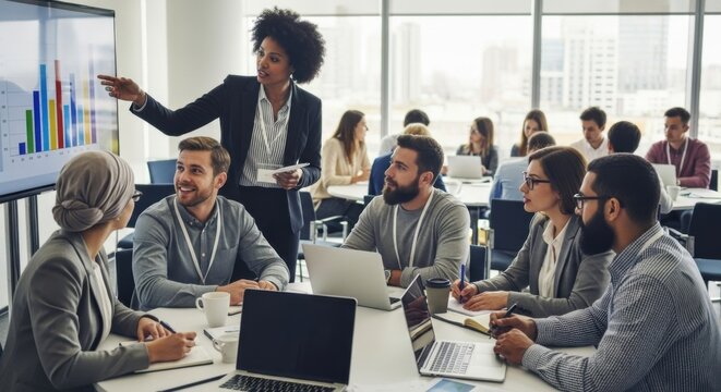 Businesswoman giving presentation with data chart on screen at corporate meeting. Diverse team collaboration. Financial report analysis. Strategy discussion. Teamwork success concept.