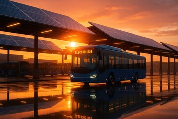 Electric bus parked beneath solar panel canopy at sunset, wet ground reflecting.
