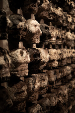 Skulls on a wall in Mexico City.