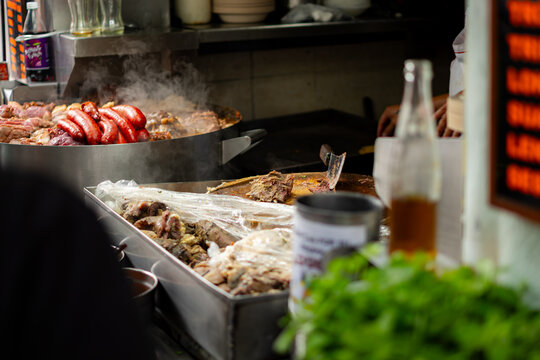 Meat grilling at a taqueria in Mexico City.