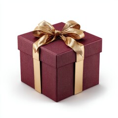 Obraz premium burgundy gift box with golden ribbon bow isolated on white background. 