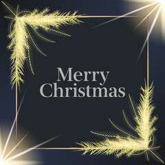 Luxury Christmas background with soft golden pine branches, warm glowing light effects, and modern typography “Merry Christmas” on a dark navy backdrop. Perfect for holiday greeting cards, invitations
