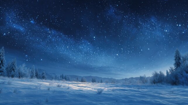 enchanting winter night scene with snowcovered ground under a starry blue sky