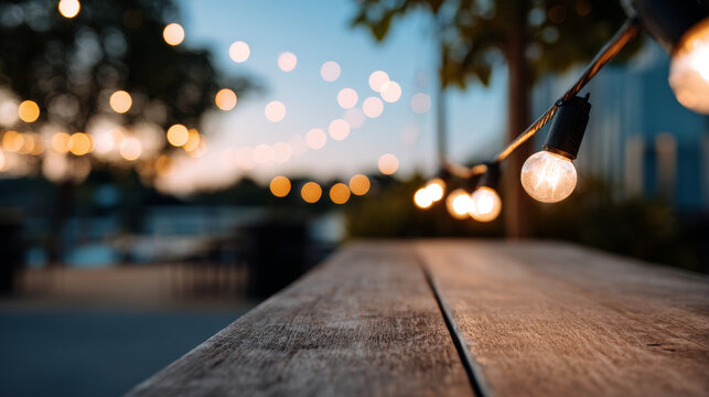 Close-up of glowing string lights hanging above wooden table outdoors during dusk with blurred background and bokeh effect