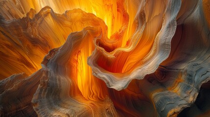 Abstract background of a fiery orange geological formation. Flowing layers of rock and mineral texture with a glowing light. Modern art wallpaper concept