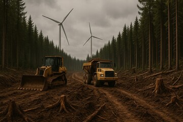 Heavy machinery works in a harvested forest with turbines on a cloudy day.